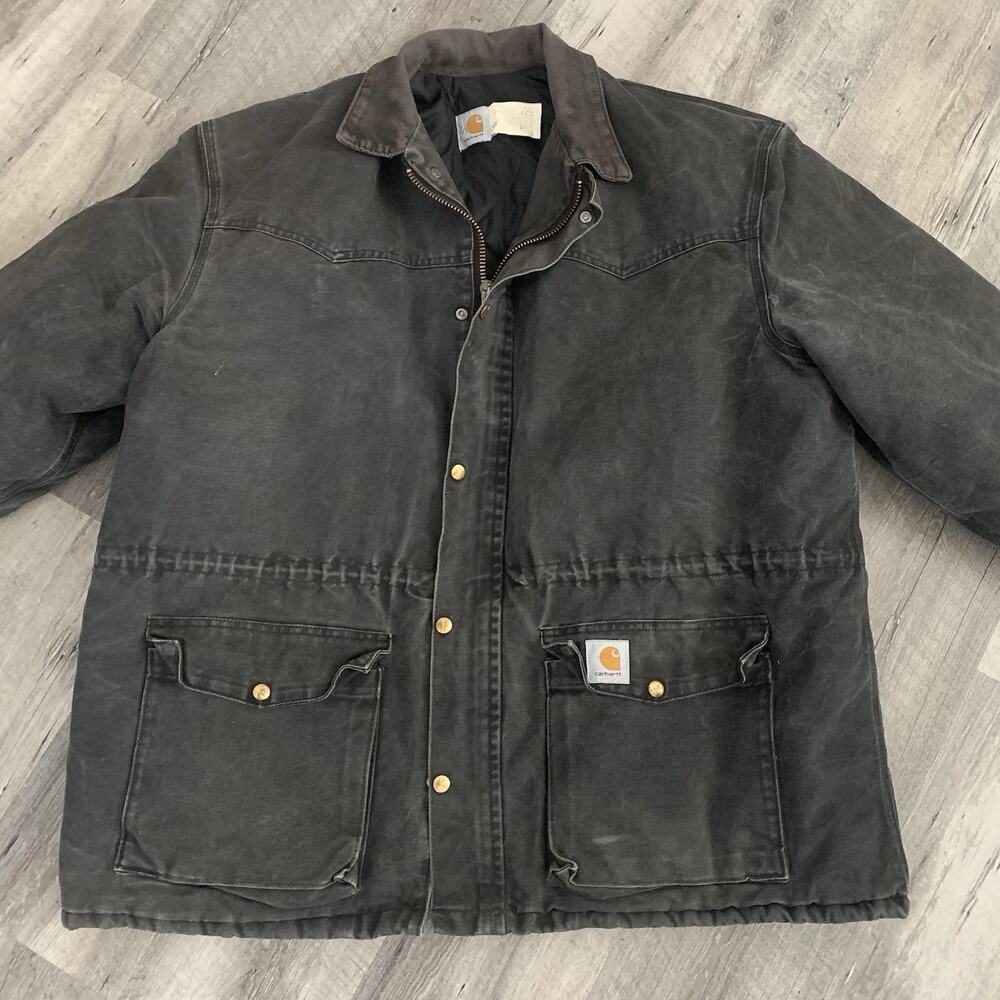 Vtg Carhartt C05 Barn Jacket Mens 2XL Gray Black Quilt Lined Corduroy Collar USA